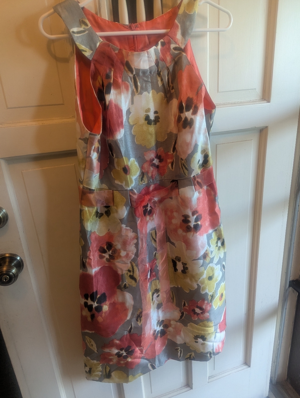 Perceptions New York floral Sleeveless Party Dress - Coral, Yellow on Silver .